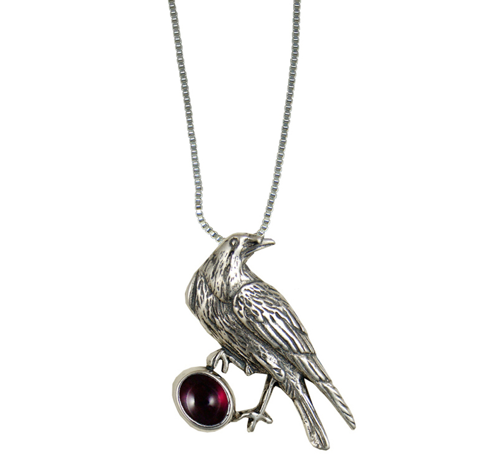 Sterling Silver Raven Pendant With Garnet